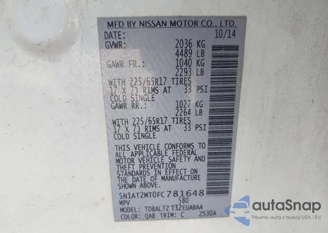 2015 Nissan Rogue Sv z USA, uszkodzony, nr VIN 5N1AT2MT0FC781648